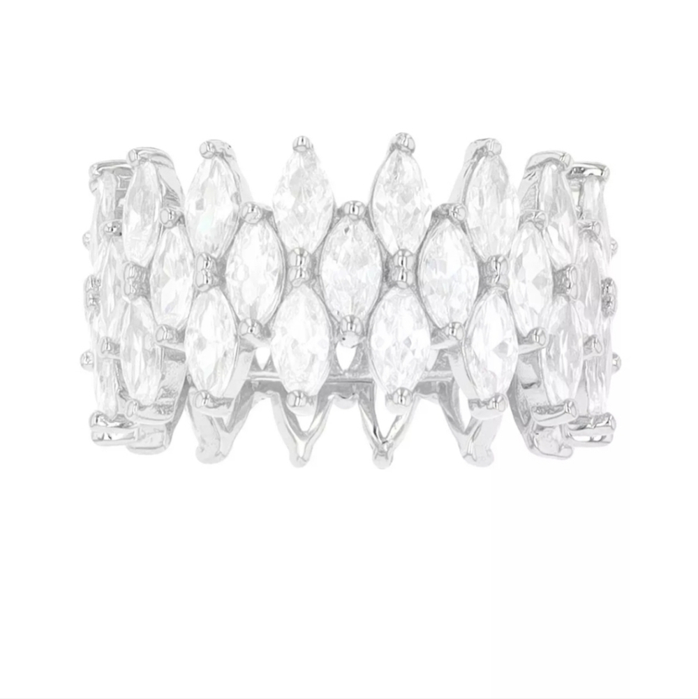 Cubic Zirconia 3-Row Marquise Cut silver Ring size 7